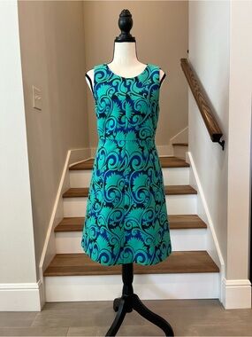 J. Crew Teal & Navy Scroll-Print Sleeveless knee length Dress